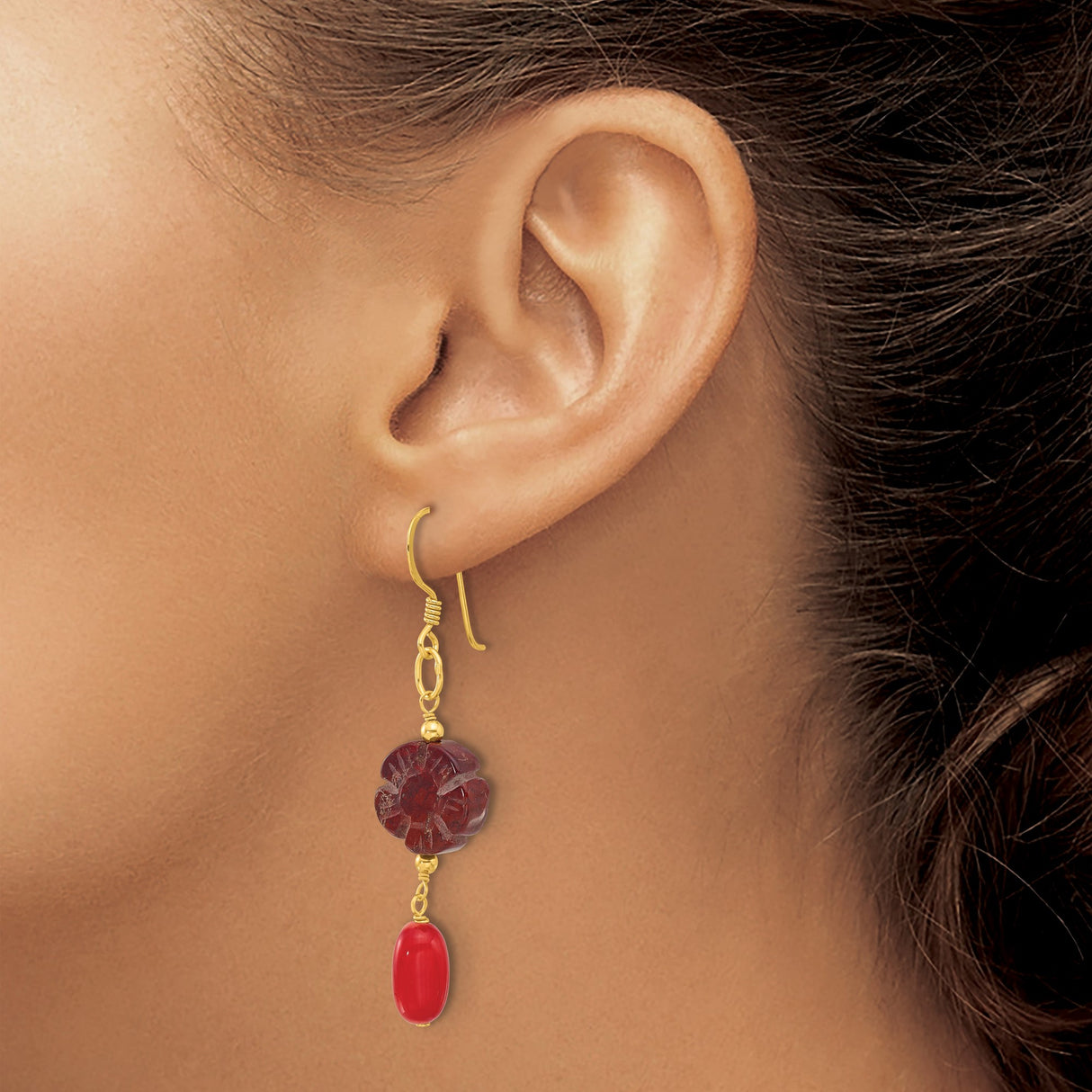 Sterling Silver Dangle Earrings with Red Jasper Flower Design and Coral Accents