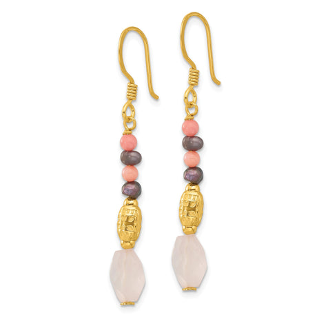 Sterling Silver Dangle Earrings with Pearl and Coral, Boho Modern Handmade Look
