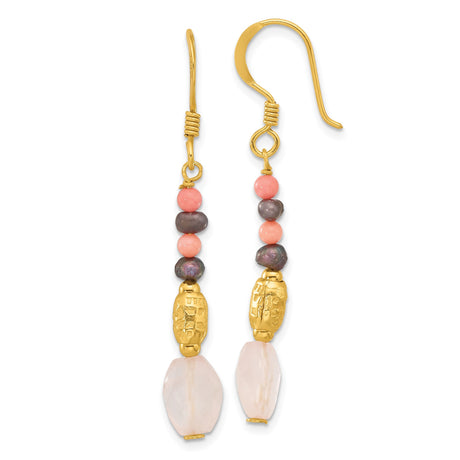 Sterling Silver Dangle Earrings with Pearl and Coral, Boho Modern Handmade Look