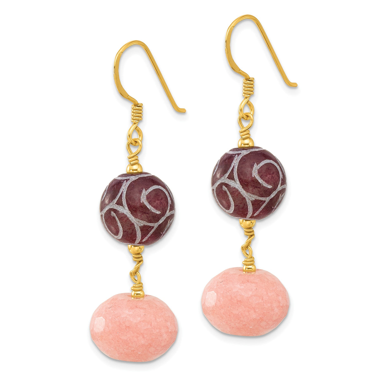 Sterling Silver Dangle Earrings with Jade Beads, Gold Hooks, Artistic Swirl Design