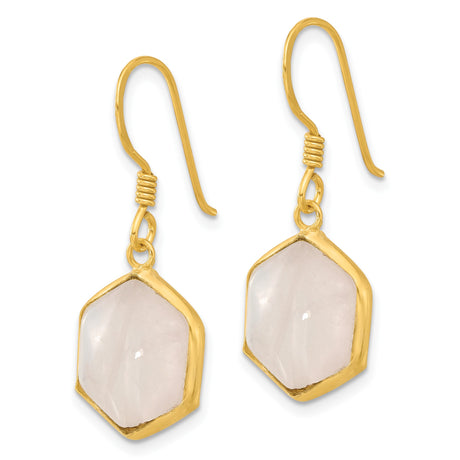 Sterling Silver Dangle Earrings with Rose Quartz, Gold Plated Hexagon, Geometric Boho Style