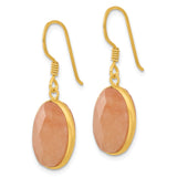 Sterling Silver Dangle Earrings with Faceted Oval Peach Aventurine, Gold Plated Minimalist Design