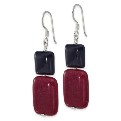 Sterling Silver Dangle Earrings with Red Jade and Black Agate, Handmade Geometric Boho Style
