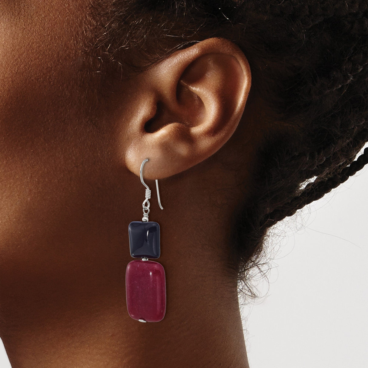 Sterling Silver Dangle Earrings with Red Jade and Black Agate, Handmade Geometric Boho Style