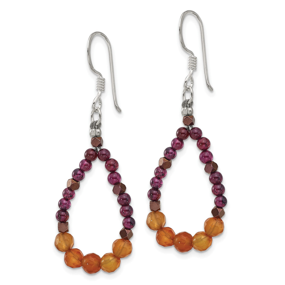 Sterling Silver Dangle Earrings with Hematite and Carnelian Beads, Boho Teardrop Style for Women