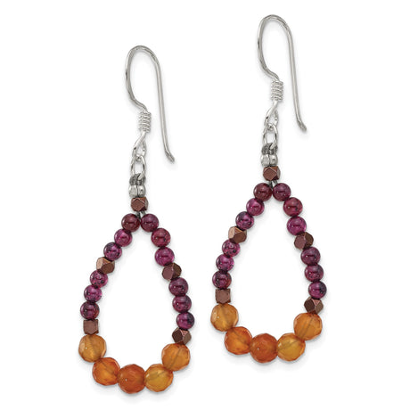 Sterling Silver Dangle Earrings with Hematite and Carnelian Beads, Boho Teardrop Style for Women