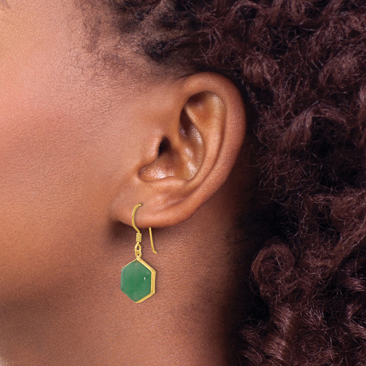 Sterling Silver Dangle Earrings with Aventurine Drops, Gold Plated Hexagon Design, Modern Boho Style