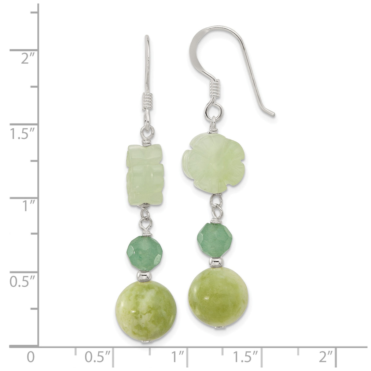 Sterling Silver Dangle Earrings with Carved Green Jade Flowers and Chinese Symbols