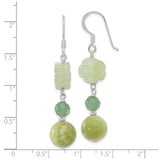 Sterling Silver Dangle Earrings with Carved Green Jade Flowers and Chinese Symbols