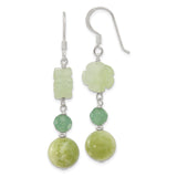Sterling Silver Dangle Earrings with Carved Green Jade Flowers and Chinese Symbols