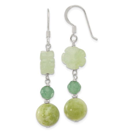 Sterling Silver Dangle Earrings with Carved Green Jade Flowers and Chinese Symbols