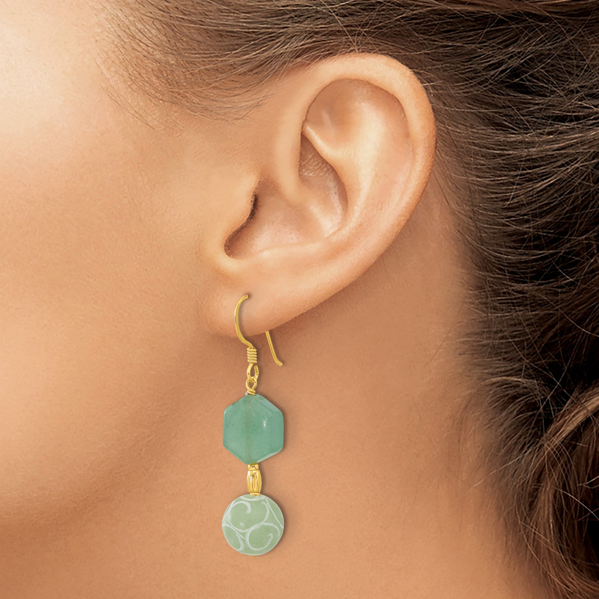 Sterling Silver Dangle Earrings with Aventurine and Jade, Boho Chic Geometric Design