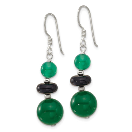 Sterling Silver Dangle Earrings with Green Quartz and Black Agate, Boho Tiered Design