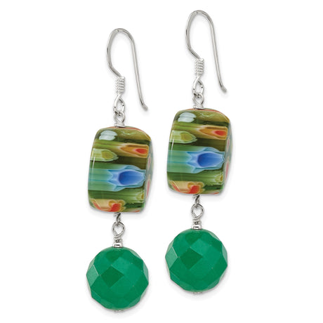 Sterling Silver Dangle Earrings with Aventurine and Murano Style Glass Beads, Floral Boho Design