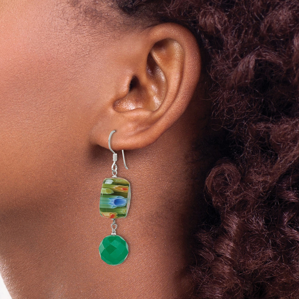 Sterling Silver Dangle Earrings with Aventurine and Murano Style Glass Beads, Floral Boho Design