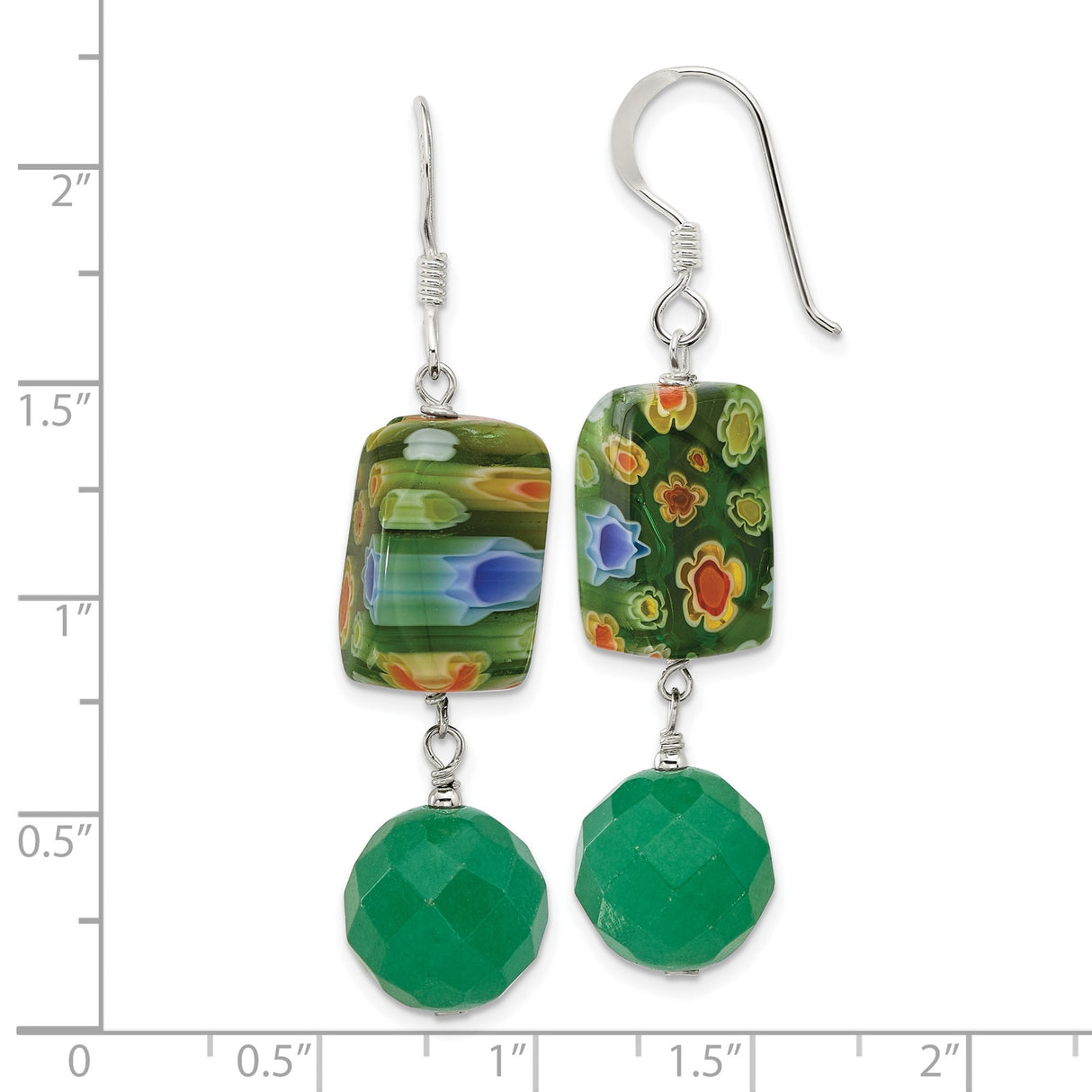 Sterling Silver Dangle Earrings with Aventurine and Murano Style Glass Beads, Floral Boho Design