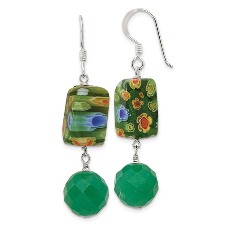 Sterling Silver Dangle Earrings with Aventurine and Murano Style Glass Beads, Floral Boho Design
