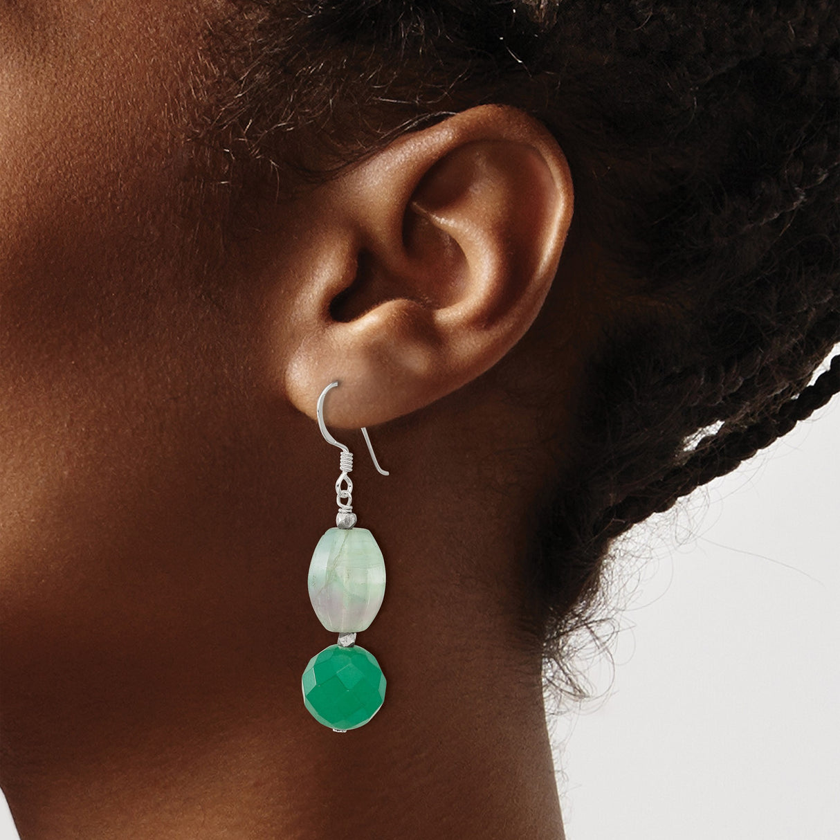 Sterling Silver Dangle Earrings with Green Aventurine and Fluorite Beads, Boho Handmade Style