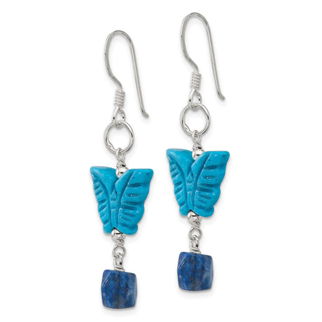 Sterling Silver Dangle Earrings with Howlite and Lapis, Butterfly Charm, Boho Asymmetrical Design