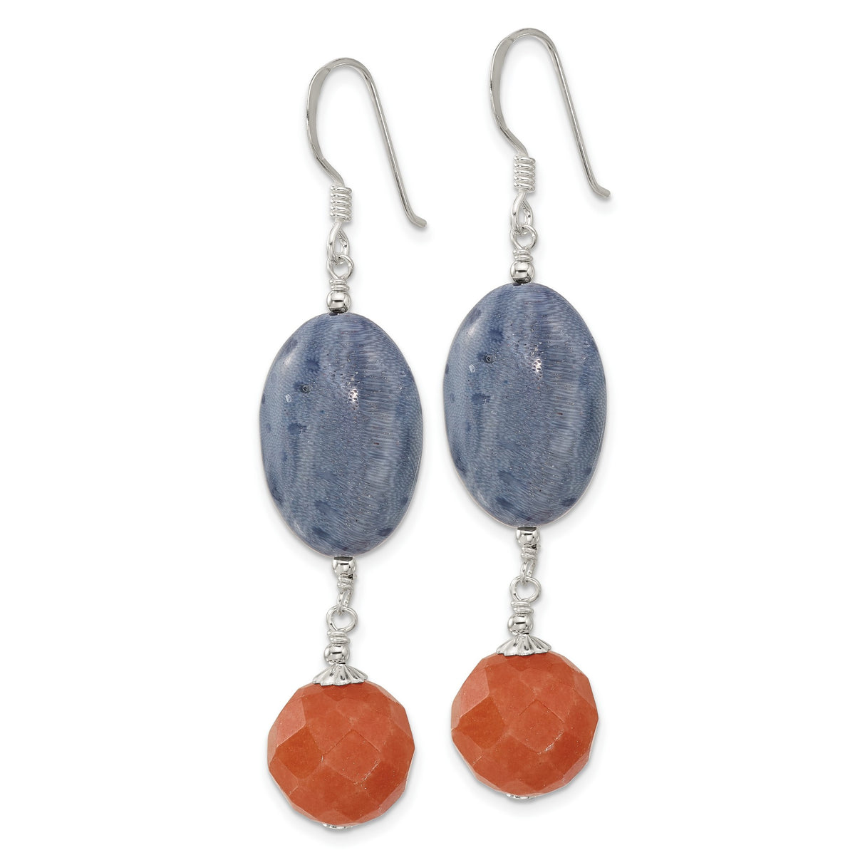 Sterling Silver Dangle Earrings with Coral and Aventurine, Boho Artistic Drop Style