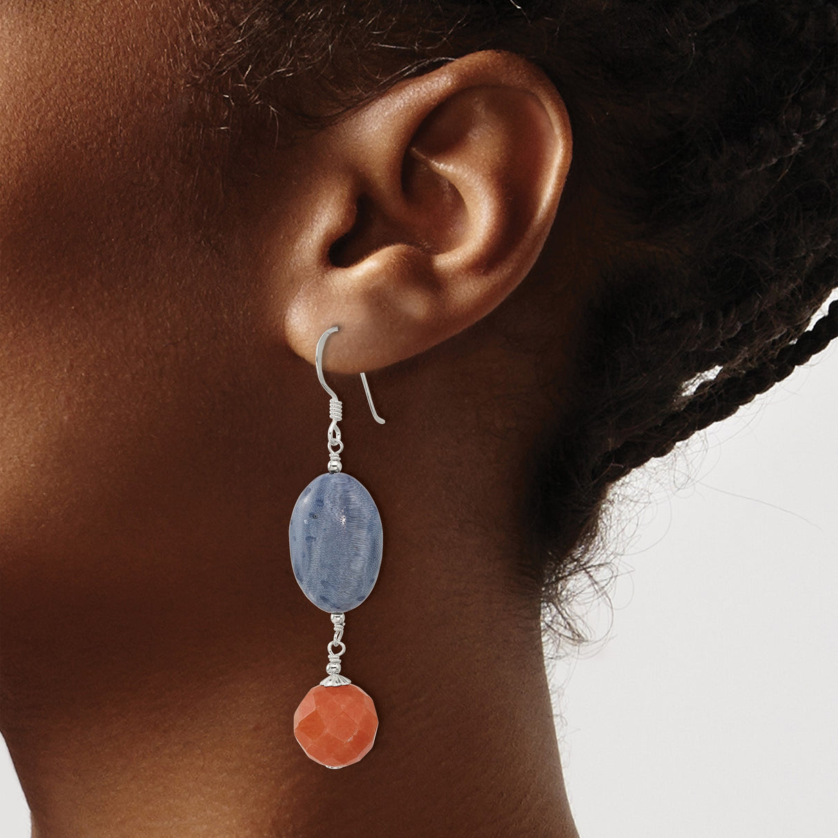 Sterling Silver Dangle Earrings with Coral and Aventurine, Boho Artistic Drop Style