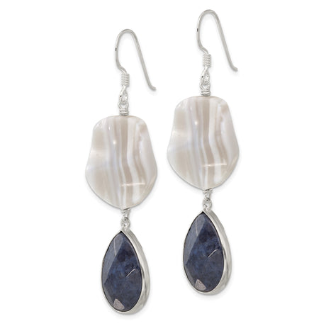Sterling Silver Dangle Earrings with Striped Agate and Lapis, Boho Chic Artisan Style