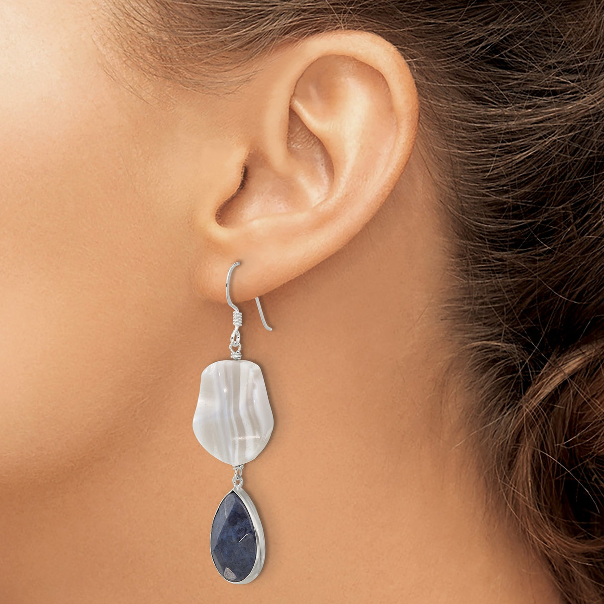Sterling Silver Dangle Earrings with Striped Agate and Lapis, Boho Chic Artisan Style