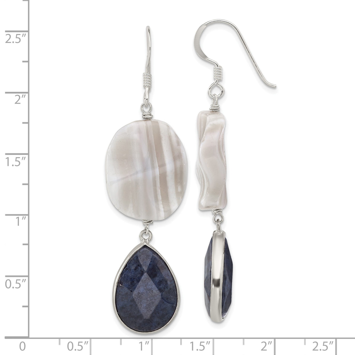 Sterling Silver Dangle Earrings with Striped Agate and Lapis, Boho Chic Artisan Style
