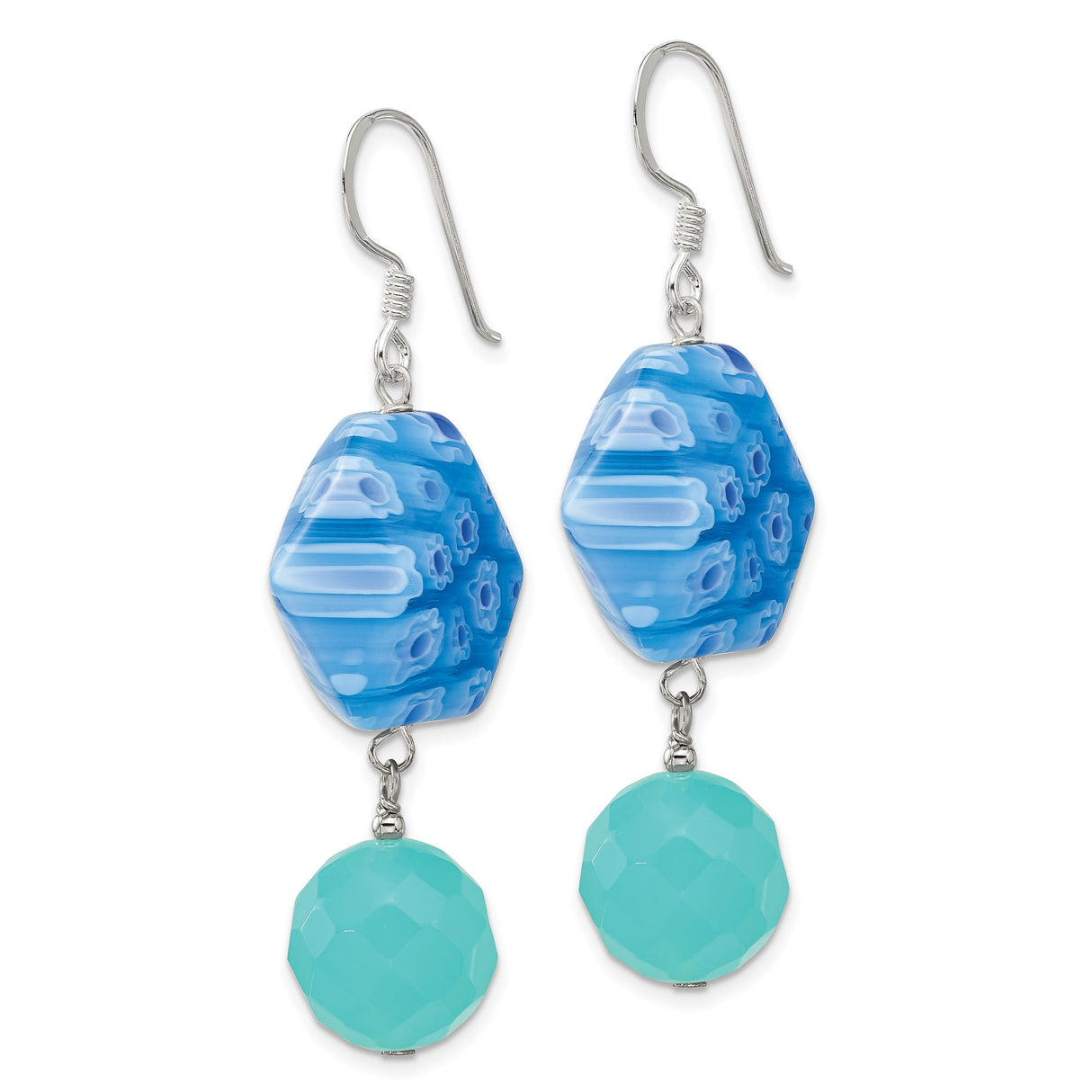 Sterling Silver Dangle Earrings with Crystal and Blue Teal Glass Beads, Boho Floral Striped Design