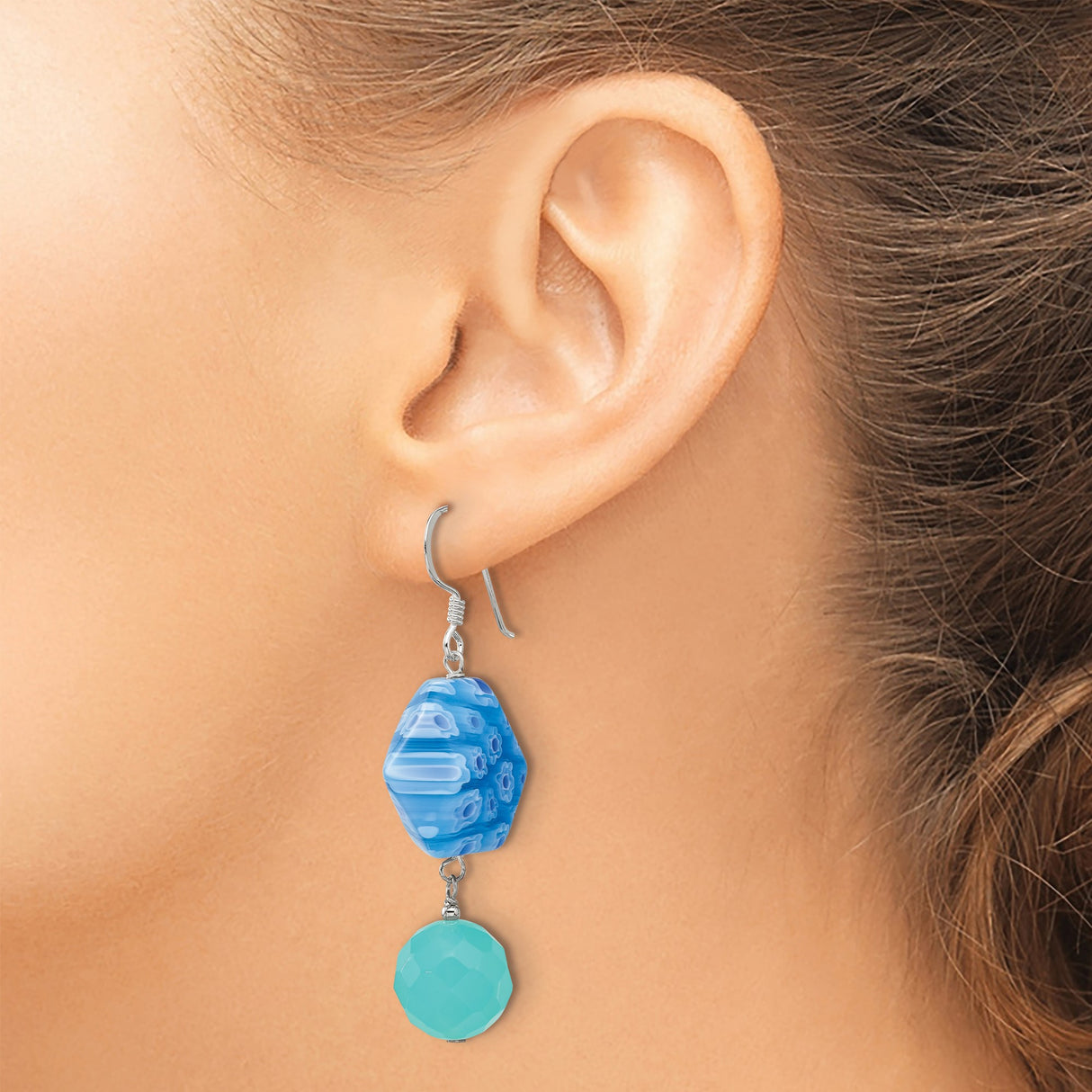 Sterling Silver Dangle Earrings with Crystal and Blue Teal Glass Beads, Boho Floral Striped Design