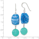 Sterling Silver Dangle Earrings with Crystal and Blue Teal Glass Beads, Boho Floral Striped Design