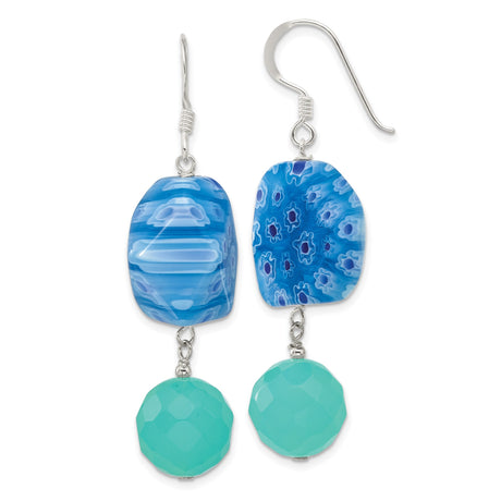 Sterling Silver Dangle Earrings with Crystal and Blue Teal Glass Beads, Boho Floral Striped Design