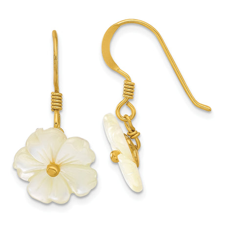 Sterling Silver Dangle Earrings with Carved Mother of Pearl Floral Charms, Nature Inspired Design
