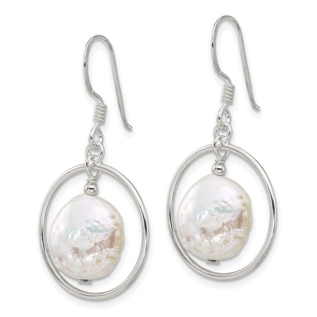 Sterling Silver Dangle Earrings with Natural Freshwater Coin Pearls, Open Hoop Design