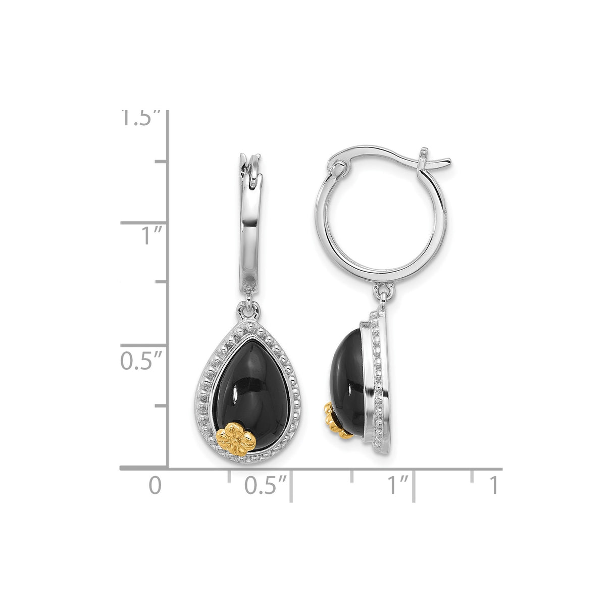 Sterling Silver Teardrop Dangle Earrings with Black Onyx, 14k Gold Floral Accents