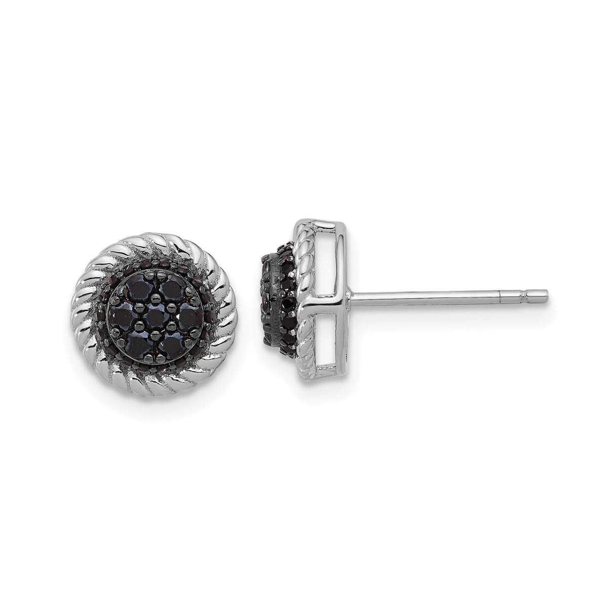 Sterling Silver Stud Earrings with Round Black Spinel Cluster and Rope Border, Modern Silver Jewelry for Women, Elegant Statement Studs for Everyday Wear, Minimalist Fashion-Forward Design
