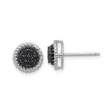 Sterling Silver Stud Earrings with Round Black Spinel Cluster and Rope Border, Modern Silver Jewelry for Women, Elegant Statement Studs for Everyday Wear, Minimalist Fashion-Forward Design