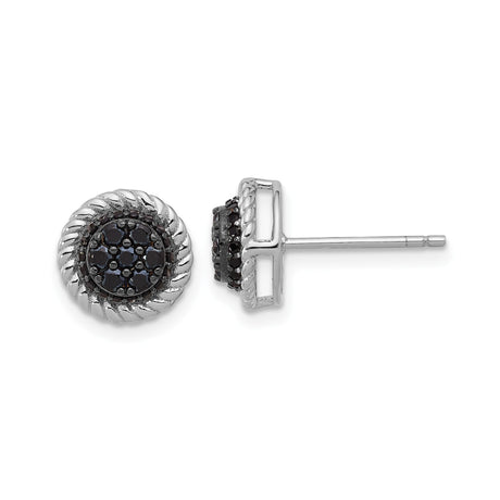 Sterling Silver Stud Earrings with Round Black Spinel Cluster and Rope Border, Modern Silver Jewelry for Women, Elegant Statement Studs for Everyday Wear, Minimalist Fashion-Forward Design