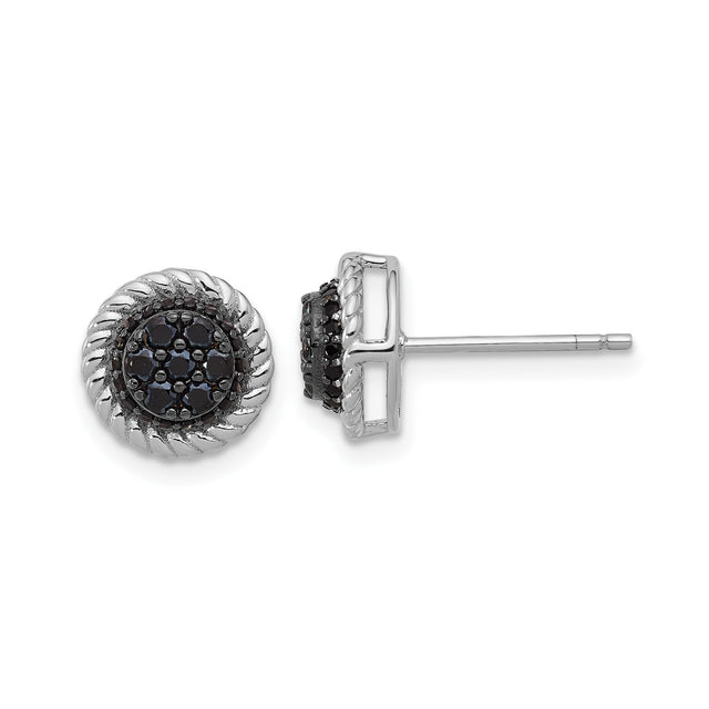 Sterling Silver Stud Earrings with Round Black Spinel Cluster and Rope Border, Modern Silver Jewelry for Women, Elegant Statement Studs for Everyday Wear, Minimalist Fashion-Forward Design