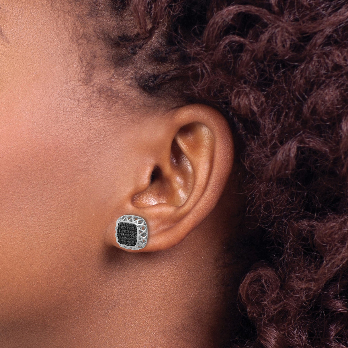 Sterling Silver Stud Earrings with Black Spinel, Cushion Cut, Lattice Border, Square Design