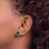 Sterling Silver Stud Earrings with Black Spinel, Cushion Cut, Lattice Border, Square Design