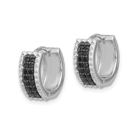 Sterling Silver Hoop Earrings with Black Spinel Accents, Textured Edge Modern Design