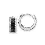 Sterling Silver Hoop Earrings with Black Spinel Accents, Textured Edge Modern Design