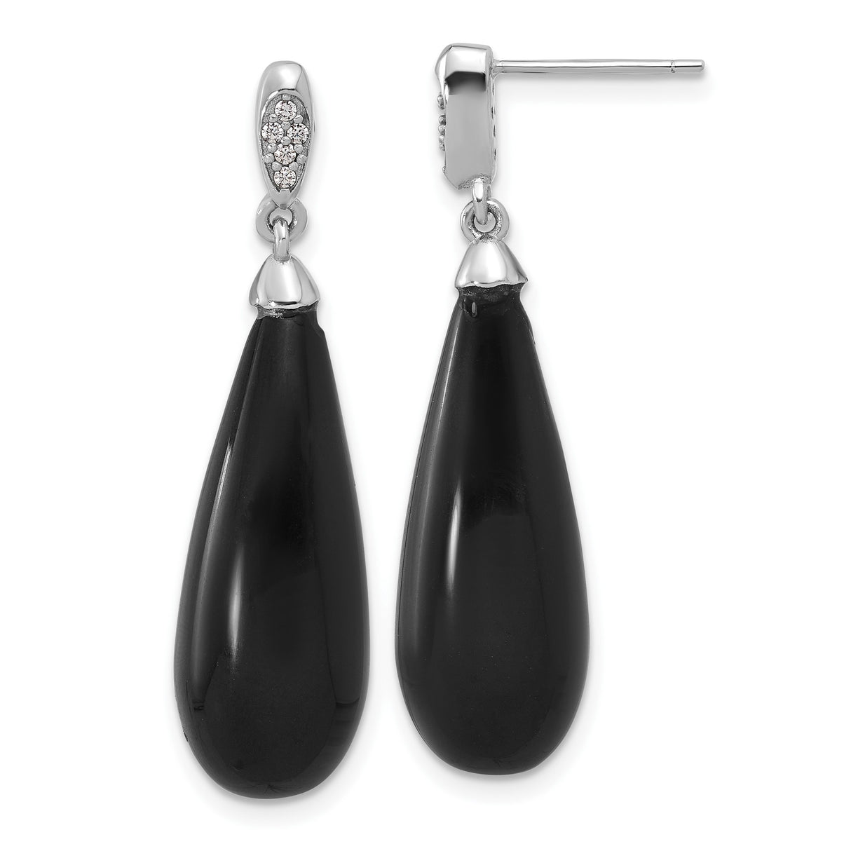 Sterling Silver Teardrop Earrings for Women with Polished Onyx Stone, Pavé Accent Studs, Elegant Formal Drop Design, Modern Black Dangle Look for Evening Wear, Minimalist Silver Jewelry Piece