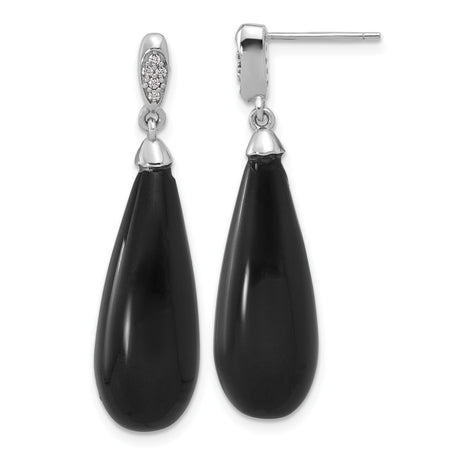 Sterling Silver Teardrop Earrings for Women with Polished Onyx Stone, Pavé Accent Studs, Elegant Formal Drop Design, Modern Black Dangle Look for Evening Wear, Minimalist Silver Jewelry Piece