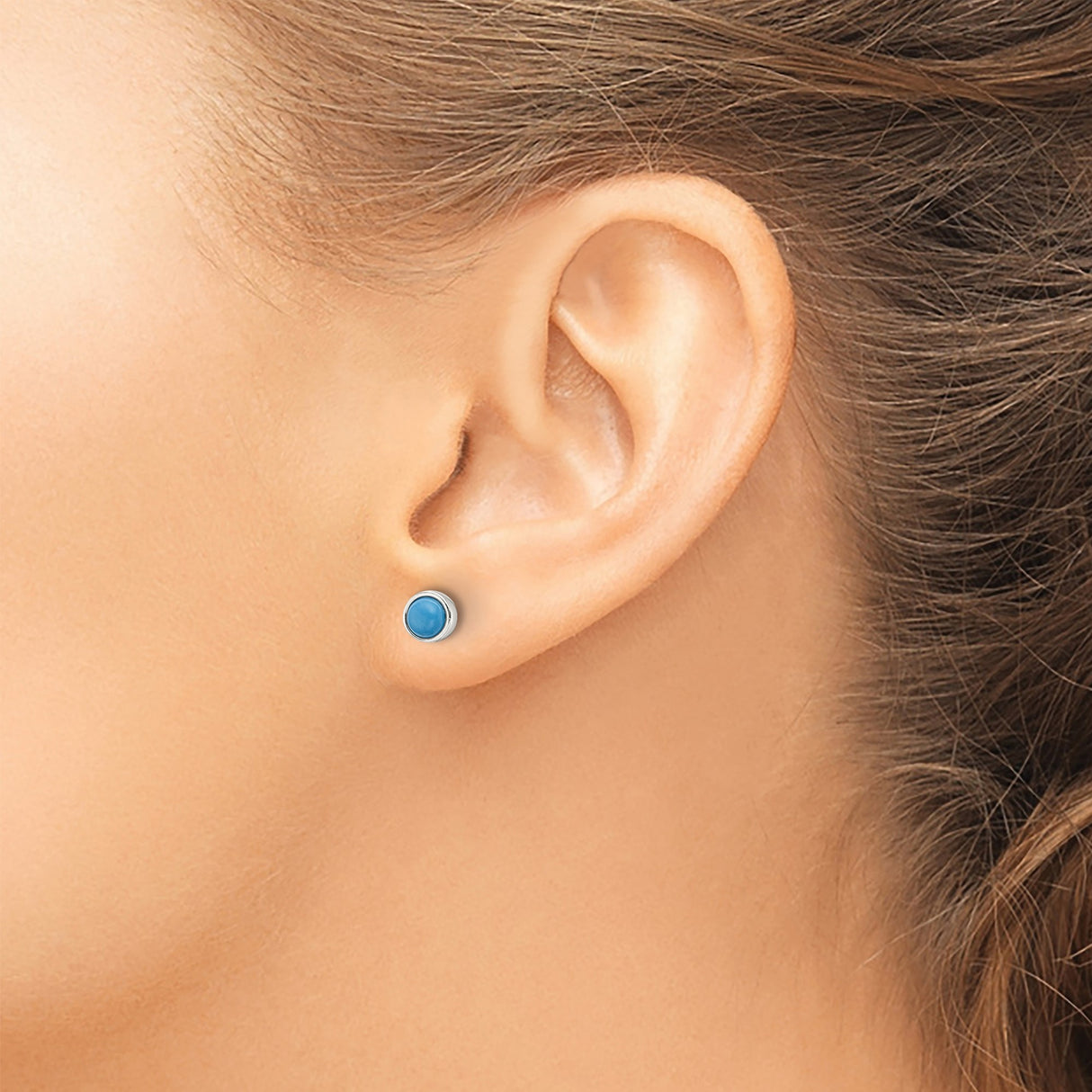 Sterling Silver Stud Earrings with Round Turquoise Cabochon in Bezel Setting, Minimalist Style