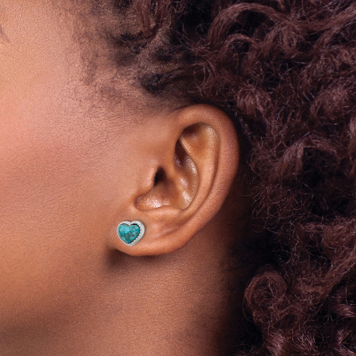 Sterling Silver Heart Stud Earrings with Reconstructed Turquoise, Boho Southwestern Style