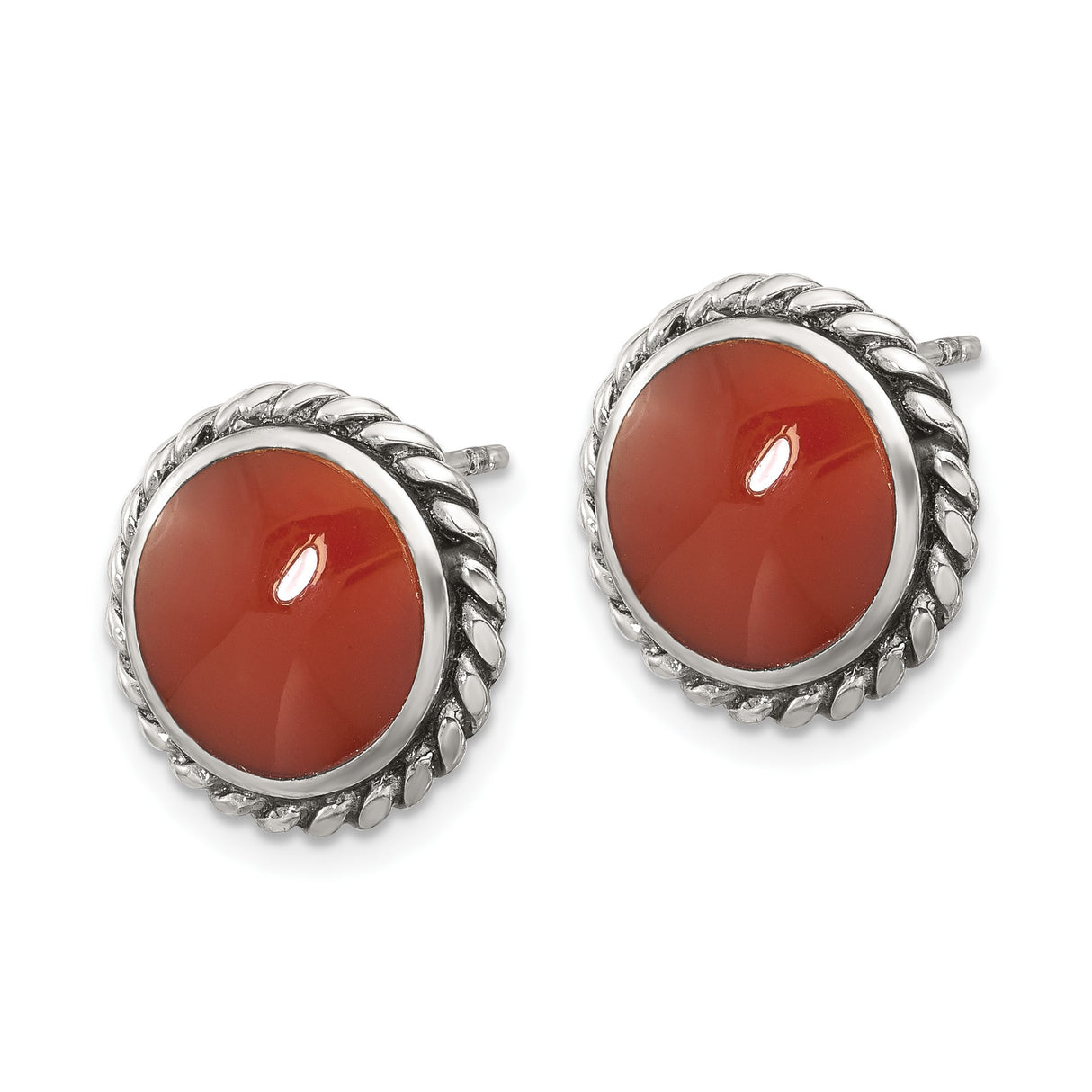 Sterling Silver Stud Earrings with Round Carnelian, Twisted Rope Border, Vintage Southwestern Style
