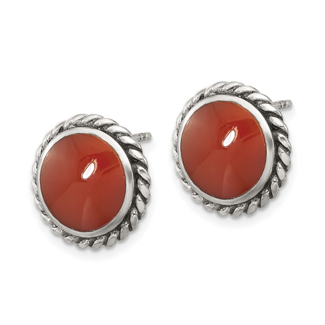 Sterling Silver Stud Earrings with Round Carnelian, Twisted Rope Border, Vintage Southwestern Style