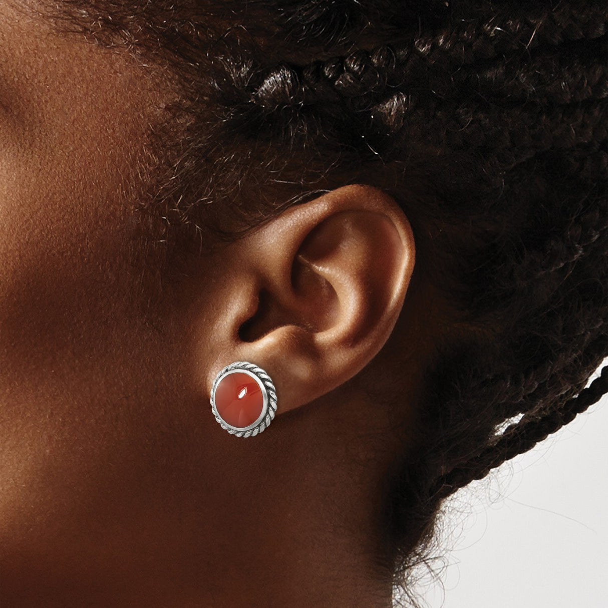 Sterling Silver Stud Earrings with Round Carnelian, Twisted Rope Border, Vintage Southwestern Style